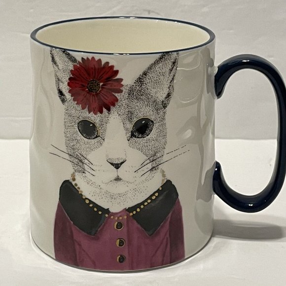 Signature Hipster Cat Kitten Flower Ceramic Coffee Mug Tea Cup Blue Rim 14oz - Picture 3 of 7